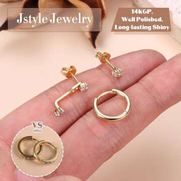 Jstyle 14K Gold Earrings for Women S925 Sterling Silver Earrings for Multiple Piercings Cartilage Stud Hoop Dainty Earrings Set- Flower Studs Style