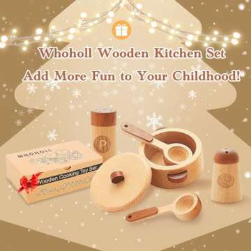 WHOHOLL Play Kitchen Accessories, Wooden Kitchen Sets for Kids, Toy Pots and Pans for Kids Kitchen, ...
