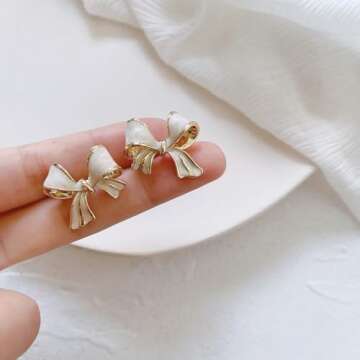 White Bow Earrings for Women White Bow Stud Earrings White Bow Earrings Studs Dainty Earrings Cute E...