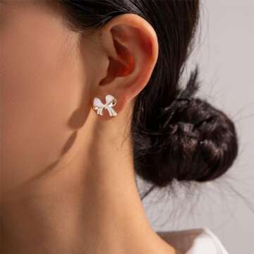 White Bow Earrings for Women White Bow Stud Earrings White Bow Earrings Studs Dainty Earrings Cute Earrings Fashion Trendy Earrings