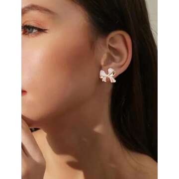 White Bow Earrings for Women White Bow Stud Earrings White Bow Earrings Studs Dainty Earrings Cute Earrings Fashion Trendy Earrings