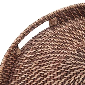 Round Rattan Serving Tray with Handles for Home Decor