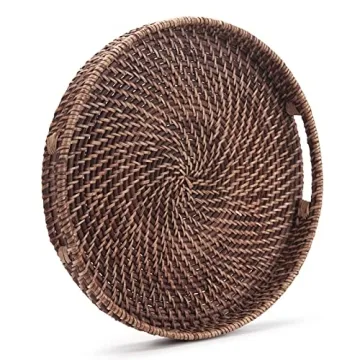 Round Rattan Serving Tray with Handles for Home Decor