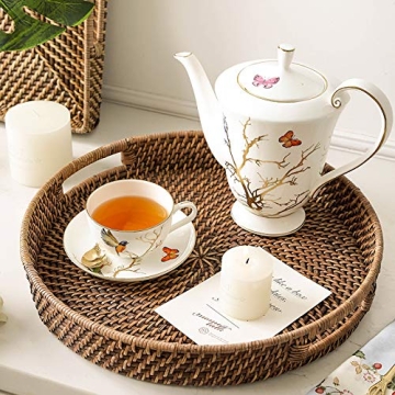 Round Rattan Serving Tray with Handles for Home Decor