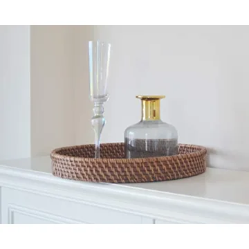 Round Rattan Serving Tray with Handles for Home Decor