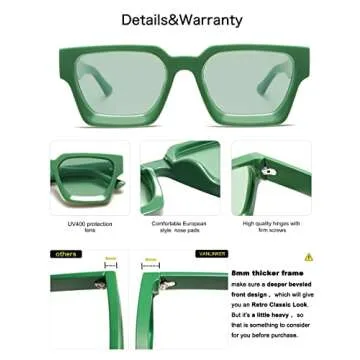 VANLINKER Thick Square Sunglasses for Men Women Retro Chunky Rectangle Shades UV400 Protection VL9731 Green + White