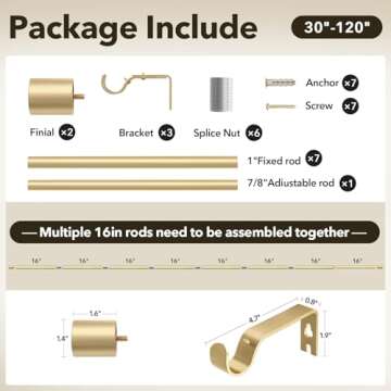 IFELS Heavy Duty Curtain Rods for Windows 66 to 120 Inch, 1 Inch Gold Curtain Rods for Outdoor, Farmhouse, Bedroom, Kitchen, Living Room, Adjustable Easy Install Curtain Rods (A2,Gold,30"-120")