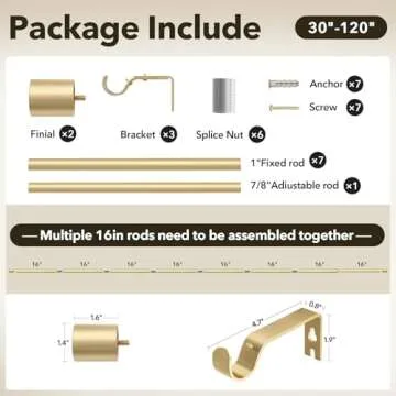 IFELS Heavy Duty Curtain Rods for Windows 66 to 120 Inch, 1 Inch Gold Curtain Rods for Outdoor, Farmhouse, Bedroom, Kitchen, Living Room, Adjustable Easy Install Curtain Rods (A2,Gold,30"-120")