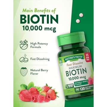 Nature's Truth Biotin 10000mcg | 120 Fast Dissolve Tablets | Maximum Strength | Hair Skin and Nails Supplement | Natural Berry Flavor | Vegetarian, Non-GMO, Gluten Free