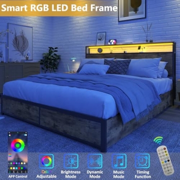 Lifezone Queen Bed Frame with Storage Headboard and LED