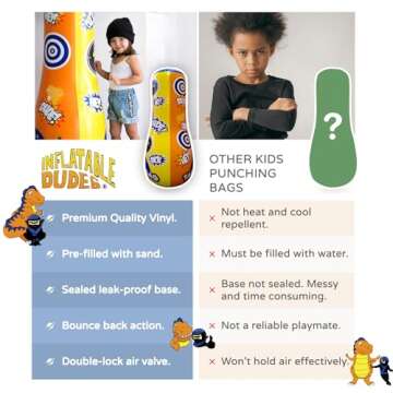 INFLATABLE DUDES Target Bag - Double-Sided - Ninja & Dinosaur 47 Inches - Kids Punching Bag | Already Filled with Sand| Bop Bag | Boxing | Punching Bag for Kids- (Rex and Nobi)