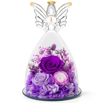 Christmas Angel Roses Gifts for Mom,Preserved Real Flowers Purple Roses in Glass Angel Figurines, Ch...