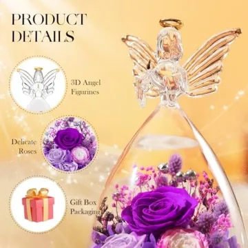 Christmas Angel Roses Gifts for Mom,Preserved Real Flowers Purple Roses in Glass Angel Figurines, Christmas Birthday Gifts for Grandma Her Women Mom Wife Mother in Law.
