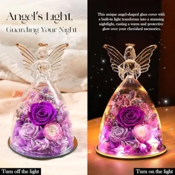 Christmas Angel Roses Gifts for Mom,Preserved Real Flowers Purple Roses in Glass Angel Figurines, Christmas Birthday Gifts for Grandma Her Women Mom Wife Mother in Law.