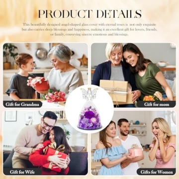 Christmas Angel Roses Gifts for Mom,Preserved Real Flowers Purple Roses in Glass Angel Figurines, Christmas Birthday Gifts for Grandma Her Women Mom Wife Mother in Law.