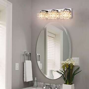 Vanity Light,Bathroom Light Fixtures,Wall Sconce with Crystal Drops,Polished Chrome Finish Bathroom Lighting, 3-Light Vanity Light Over Mirror