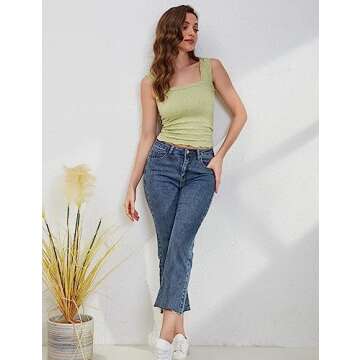 MISSACTIVER Women Square Neck Wide Straps Crop Tank Tops Casual Flower Sleeveless Lettuce Trim Slim Fit Crop Cami Vest Tops