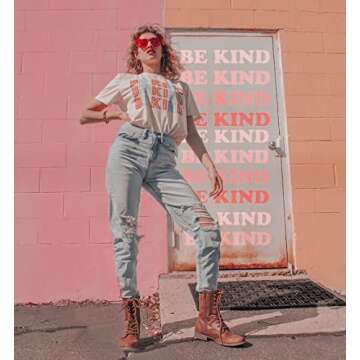 Blooming Jelly Womens Be Kind Shirt Short Sleeve Graphic Tees Loose Fit Tshirts Cute Casual Summer Tops Funny Teacher Outfits (US, Alpha, Medium, Regular, Regular, Beige)