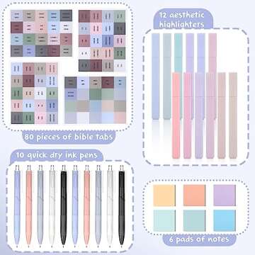 Colarr Bible Journaling Kit 66 Bible Tabs 14 Blank Tabs 6 Pads Pastel Transparent Sticky Notes 12 Aesthetic Cute Highlighters 10 Quick Dry Ink Pens 3 Write Stencils for Christian Gift(Pastel Color)