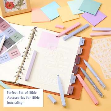 Colarr Bible Journaling Kit 66 Bible Tabs 14 Blank Tabs 6 Pads Pastel Transparent Sticky Notes 12 Aesthetic Cute Highlighters 10 Quick Dry Ink Pens 3 Write Stencils for Christian Gift(Pastel Color)