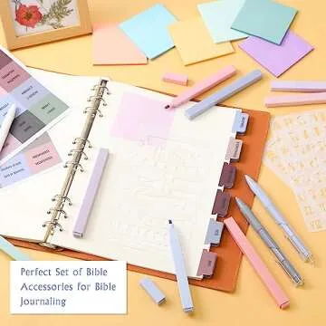 Colarr Bible Journaling Kit 66 Bible Tabs 14 Blank Tabs 6 Pads Pastel Transparent Sticky Notes 12 Aesthetic Cute Highlighters 10 Quick Dry Ink Pens 3 Write Stencils for Christian Gift(Pastel Color)