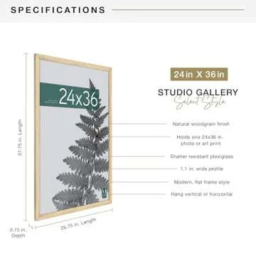 MCS Studio Gallery 24x36 Poster Frame Natural Woodgrain, Vertical & Horizontal Wall Hanging Large Picture Frame for Photos, Posters & Art Prints (1-Pack)