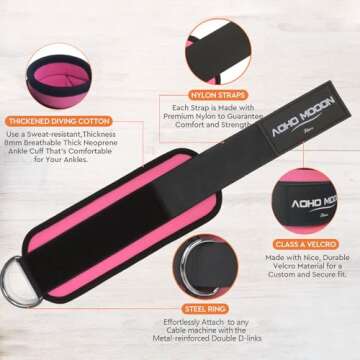 AOHO MOOON Comfortable Adjustable Ankle Straps for Cable Machines Women, Gym Workout Leg Straps, Ankle Cuffs for Glute Workouts, Foot Straps for Kickback, One Size Fit All with D Ring