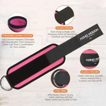 AOHO MOOON Comfortable Adjustable Ankle Straps for Cable Machines Women, Gym Workout Leg Straps, Ankle Cuffs for Glute Workouts, Foot Straps for Kickback, One Size Fit All with D Ring