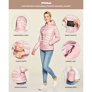 TSLA Women's Lightweight Packable Accent Puffer Jacket, Water-Resistant Winter Coat, Hoodie Heather Pink, Medium