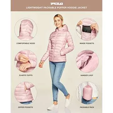 TSLA Women's Lightweight Packable Accent Puffer Jacket, Water-Resistant Winter Coat, Hoodie Heather Pink, Medium