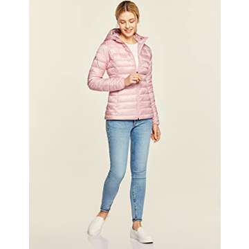 TSLA Women's Lightweight Packable Accent Puffer Jacket, Water-Resistant Winter Coat, Hoodie Heather Pink, Medium