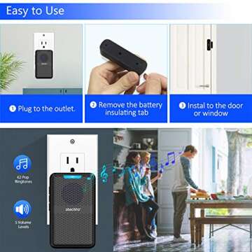 STECHRO Wireless Door Chime, 600Ft Range 5 Adjustable Volume 1 Magnetic Door open Contact Alarm with 62 Chimes Mute Mode Door Bell Plugin Receiver for Home/Office/Store (Black)