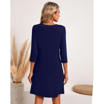 Huukeay 3 Pack Women's 3/4 Sleeve Dresses, Casual Crew Neck Loose fit Swing Autumn T-Shirt Dresses(Small,Black, Navy Blue, Fuchsia)