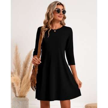 Huukeay 3 Pack Women's 3/4 Sleeve Dresses, Casual Crew Neck Loose fit Swing Autumn T-Shirt Dresses(Small,Black, Navy Blue, Fuchsia)
