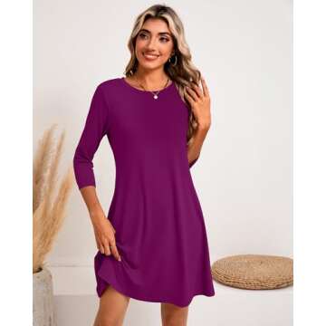 Huukeay 3 Pack Women's 3/4 Sleeve Dresses, Casual Crew Neck Loose fit Swing Autumn T-Shirt Dresses(Small,Black, Navy Blue, Fuchsia)