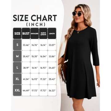 Huukeay 3 Pack Women's 3/4 Sleeve Dresses, Casual Crew Neck Loose fit Swing Autumn T-Shirt Dresses(Small,Black, Navy Blue, Fuchsia)