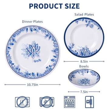 Melamine Dinnerware Sets-12pcs floral dinnerware set Service for 4,Dishwasher Safe, Break-resistant,...