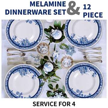 Melamine Dinnerware Sets-12pcs floral dinnerware set Service for 4,Dishwasher Safe, Break-resistant, Indoor and Outdoor Use,Reusable,Traditional Flower