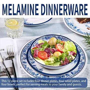 Melamine Dinnerware Sets-12pcs floral dinnerware set Service for 4,Dishwasher Safe, Break-resistant, Indoor and Outdoor Use,Reusable,Traditional Flower