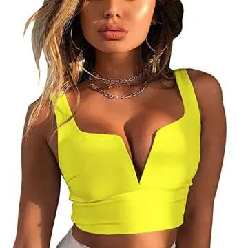 Susupeng Women Sexy Deep V Neck Sleeveless T Shirt Slim Crop Top Side Zip Casual Tank Tops (Small, Fluorescent Yellow)