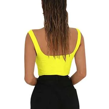 Susupeng Women Sexy Deep V Neck Sleeveless T Shirt Slim Crop Top Side Zip Casual Tank Tops (Small, Fluorescent Yellow)