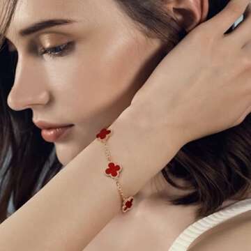 NALISASA Clover Bracelet for Women, Lucky Charm Bracelet, Simple Lucky Clover Bracelet, Dainty 4 Leaf Clover Bracelets Jewelry for Women（Red）