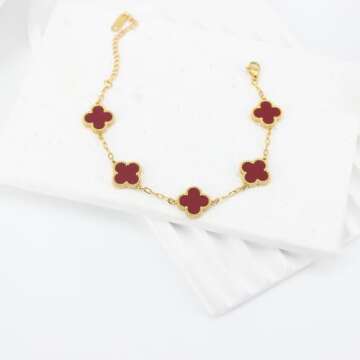 NALISASA Clover Bracelet for Women, Lucky Charm Bracelet, Simple Lucky Clover Bracelet, Dainty 4 Leaf Clover Bracelets Jewelry for Women（Red）