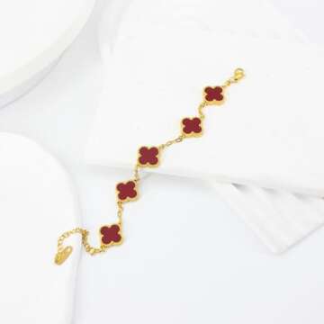 NALISASA Clover Bracelet for Women, Lucky Charm Bracelet, Simple Lucky Clover Bracelet, Dainty 4 Leaf Clover Bracelets Jewelry for Women（Red）