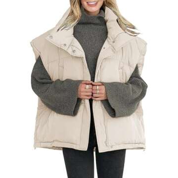Veatzaer Womens Oversized Puffer Vest Outerwear Stand Collar Drawstring Hem Sleeveless Jackets Zip Warm Winter Coats