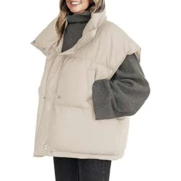 Veatzaer Womens Oversized Puffer Vest Outerwear Stand Collar Drawstring Hem Sleeveless Jackets Zip Warm Winter Coats