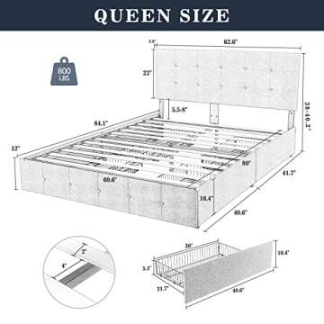 Allewie Queen Upholstered Platform Storage Bed Frame with 4 Drawers & Adjustable Headboard, Square S...