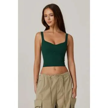 QINSEN Women's Sleeveless Tops Medium Support Crop Top Seamless Ribbed Sports Bra Green S