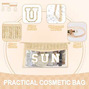 Small Boho Straw Clear Sun Makeup Bags for Women&Girls, Zipper Cosmetic Bag Chenille Varsity Letter Patch Bag, Preppy Cute Toiletry Pouch, Trendy Organizer Storage Bag for Beach Travel Essentials