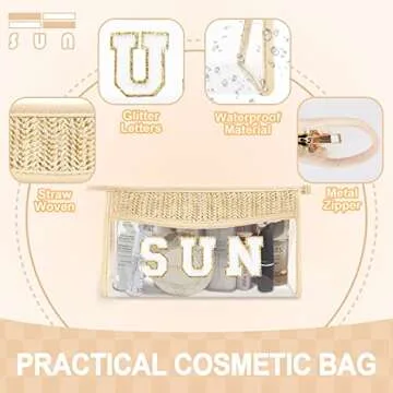 Small Boho Straw Clear Sun Makeup Bags for Women&Girls, Zipper Cosmetic Bag Chenille Varsity Letter Patch Bag, Preppy Cute Toiletry Pouch, Trendy Organizer Storage Bag for Beach Travel Essentials